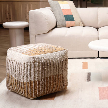 Dark Mustard and Beige Handwoven Wool and Cotton Pouf 16 in Wide