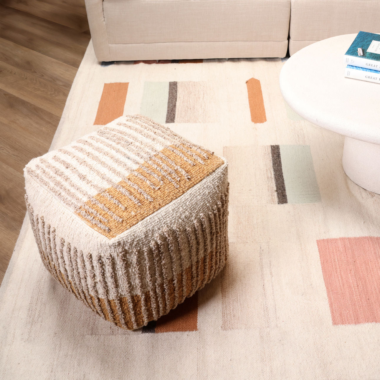 Dark Mustard and Beige Handwoven Wool and Cotton Pouf 16 in Wide