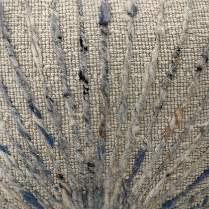 Ivory and Blue Accents Handwoven Wool and Cotton Pouf 16 in Wide