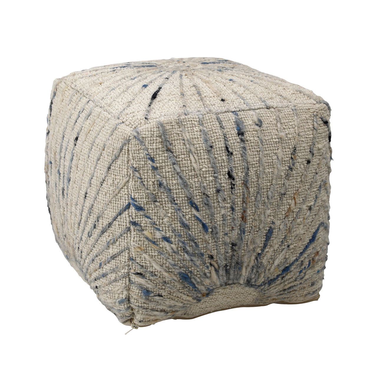 Ivory and Blue Accents Handwoven Wool and Cotton Pouf 16 in Wide