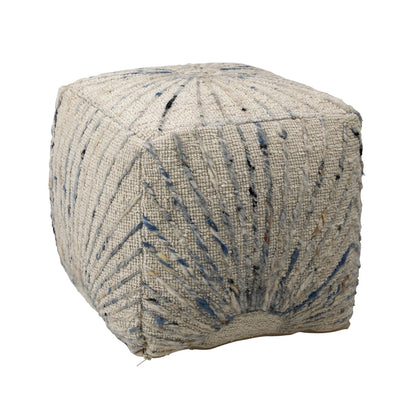 Ivory and Blue Accents Handwoven Wool and Cotton Pouf 16 in Wide