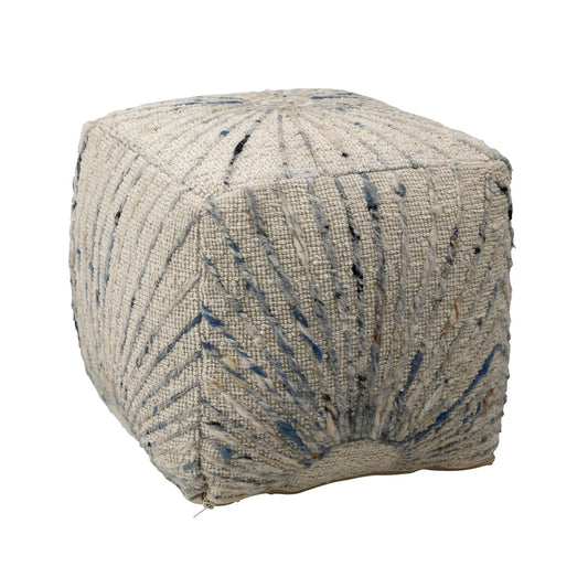 Ivory and Blue Accents Handwoven Wool and Cotton Pouf 16 in Wide