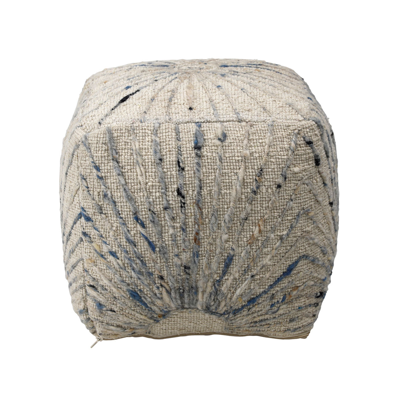 Ivory and Blue Accents Handwoven Wool and Cotton Pouf 16 in Wide