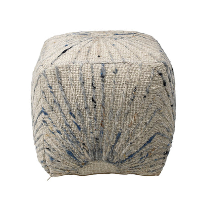 Ivory and Blue Accents Handwoven Wool and Cotton Pouf 16 in Wide