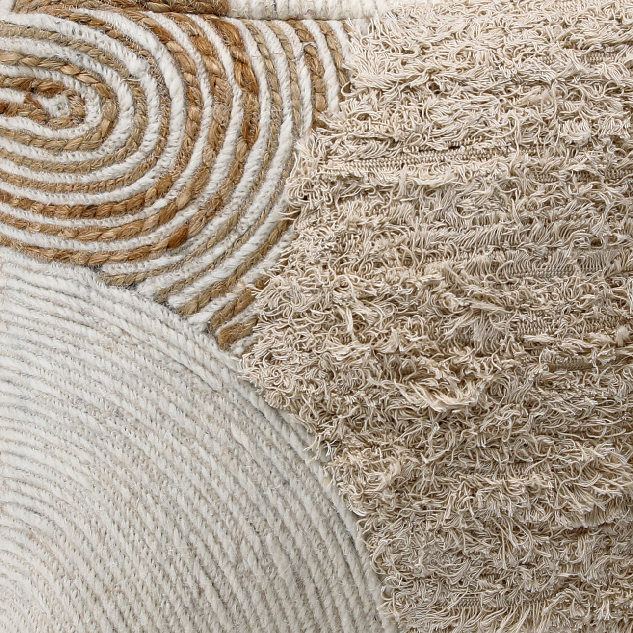 Natural and Ivory Handwoven Wool, Jute and Cotton Pouf 16 in Wide