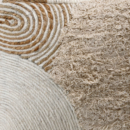 Natural and Ivory Handwoven Wool, Jute and Cotton Pouf 16 in Wide