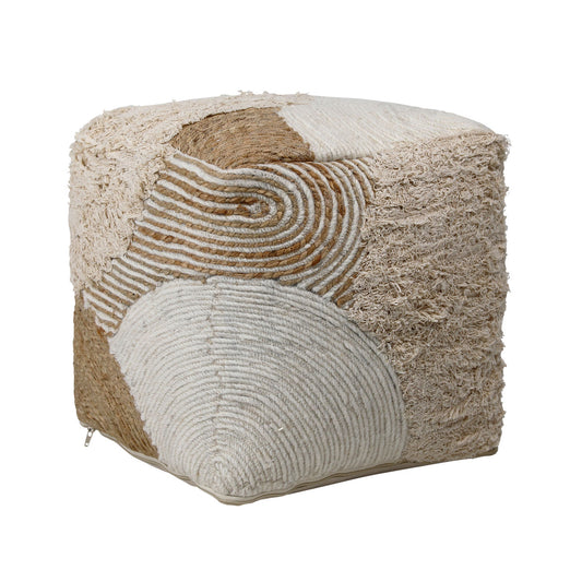 Natural and Ivory Handwoven Wool, Jute and Cotton Pouf 16 in Wide