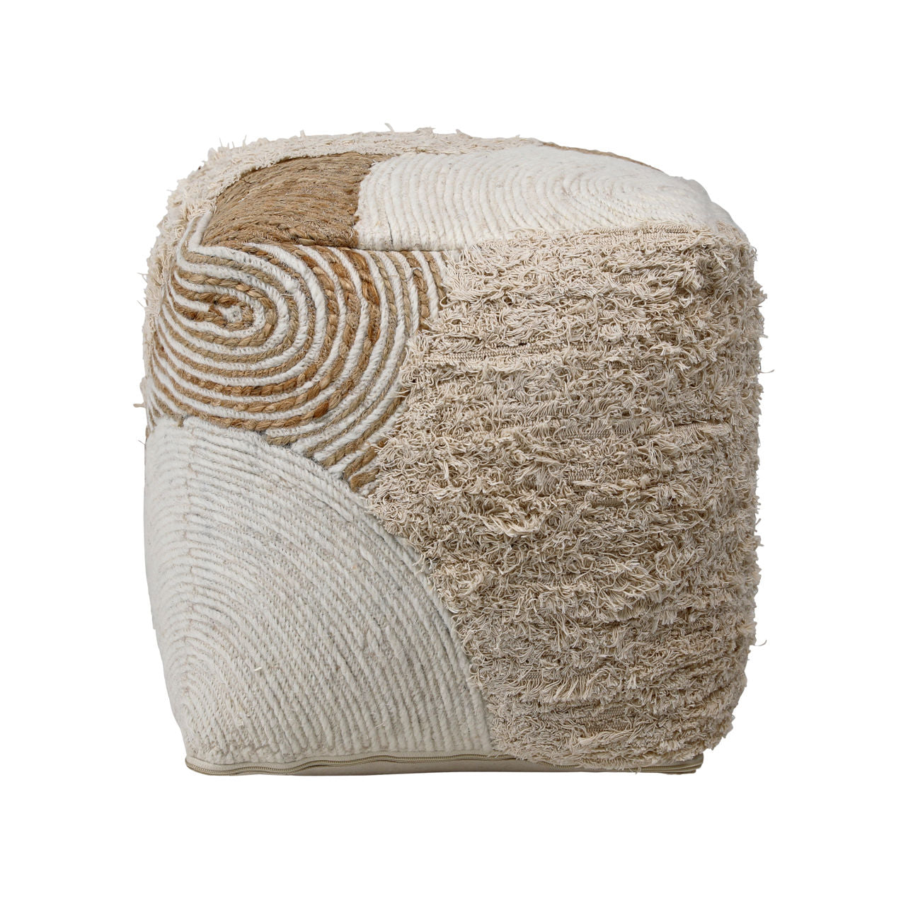 Natural and Ivory Handwoven Wool, Jute and Cotton Pouf 16 in Wide
