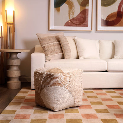 Natural and Ivory Handwoven Wool, Jute and Cotton Pouf 16 in Wide