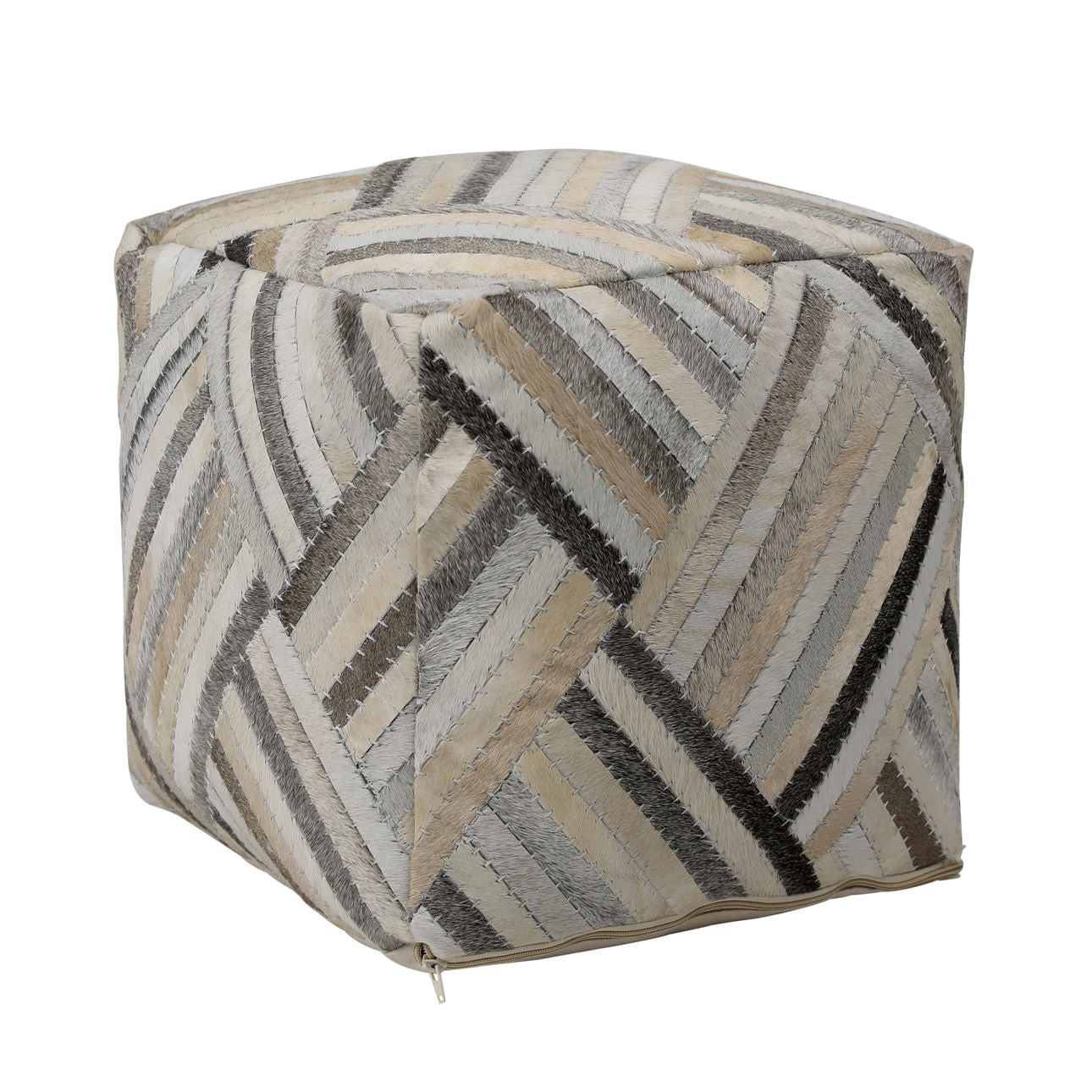 Grey, Brown and Natural Goat Hide Pouf 16 in Wide