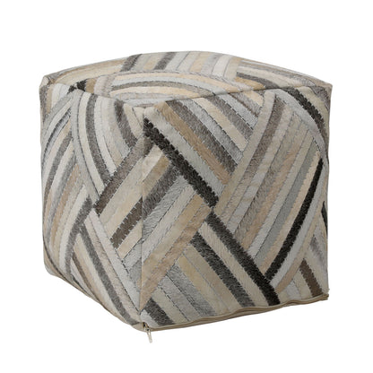 Grey, Brown and Natural Goat Hide Pouf 16 in Wide