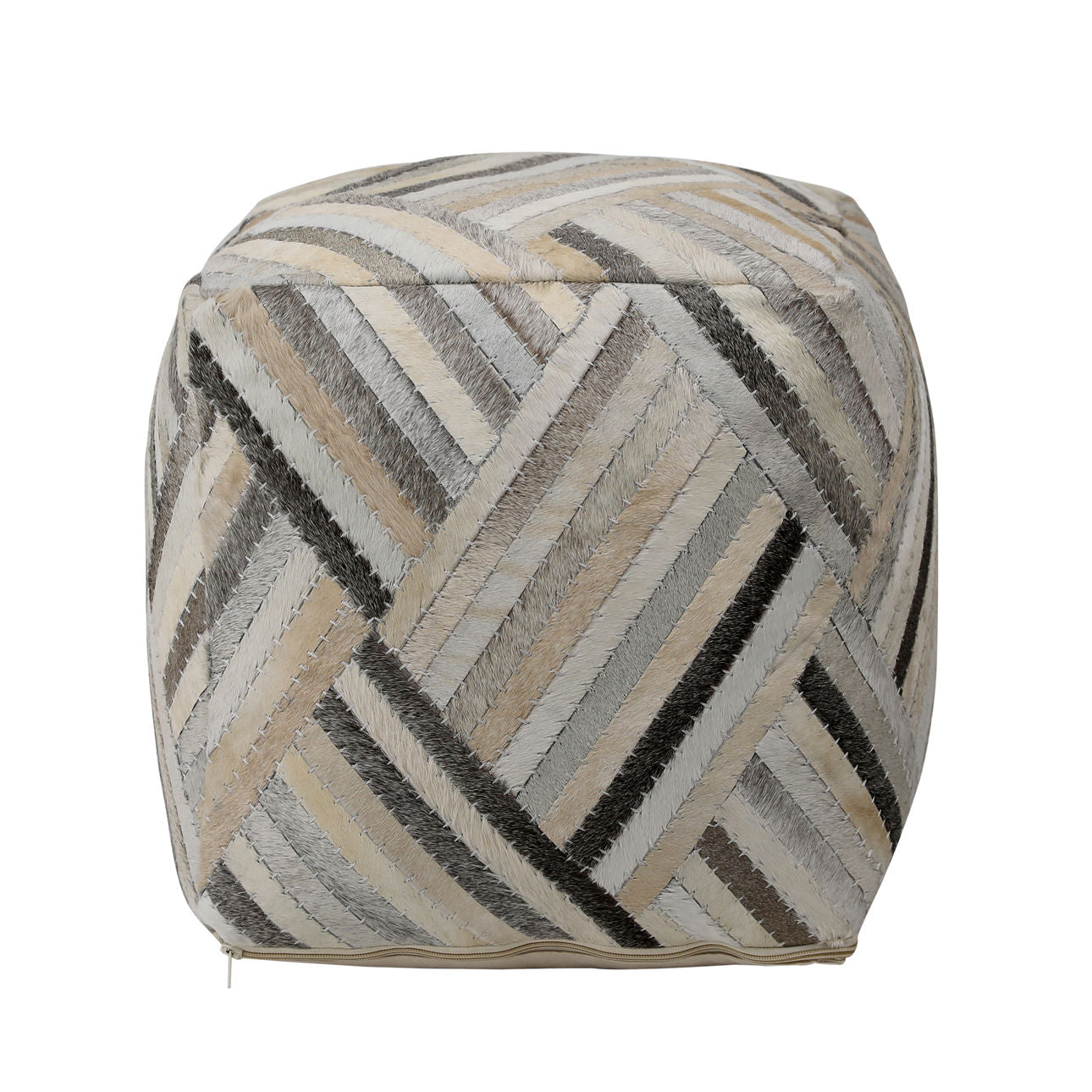 Grey, Brown and Natural Goat Hide Pouf 16 in Wide