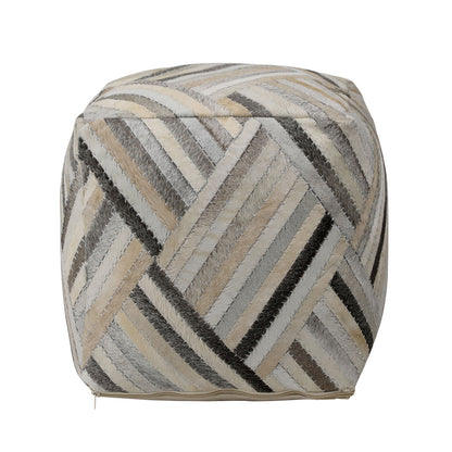 Grey, Brown and Natural Goat Hide Pouf 16 in Wide