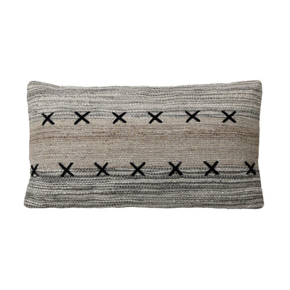 Grey, Taupe and Black Handwoven Wool and Cotton Pillow 14 in Wide