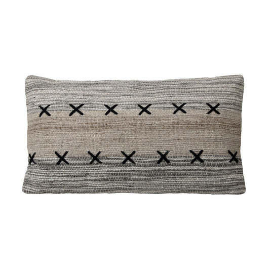 Grey, Taupe and Black Handwoven Wool and Cotton Pillow 14 in Wide