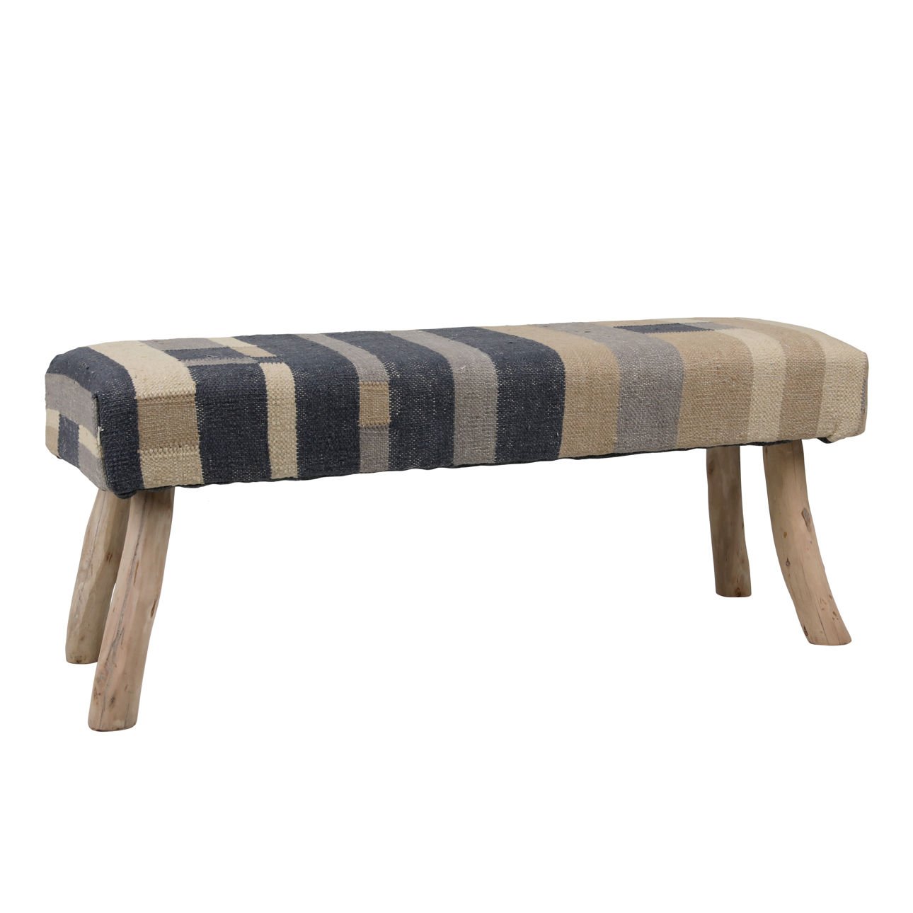 Multicolor Handwoven Punja Kilim Wool and Eucalyptus Wood Bench 48 in Wide
