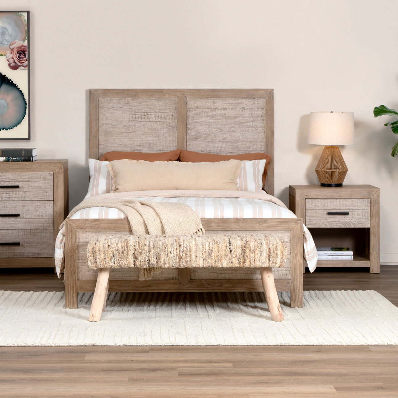 Natural Handwoven Wool and Eucalyptus Wood Bench 48 in Wide