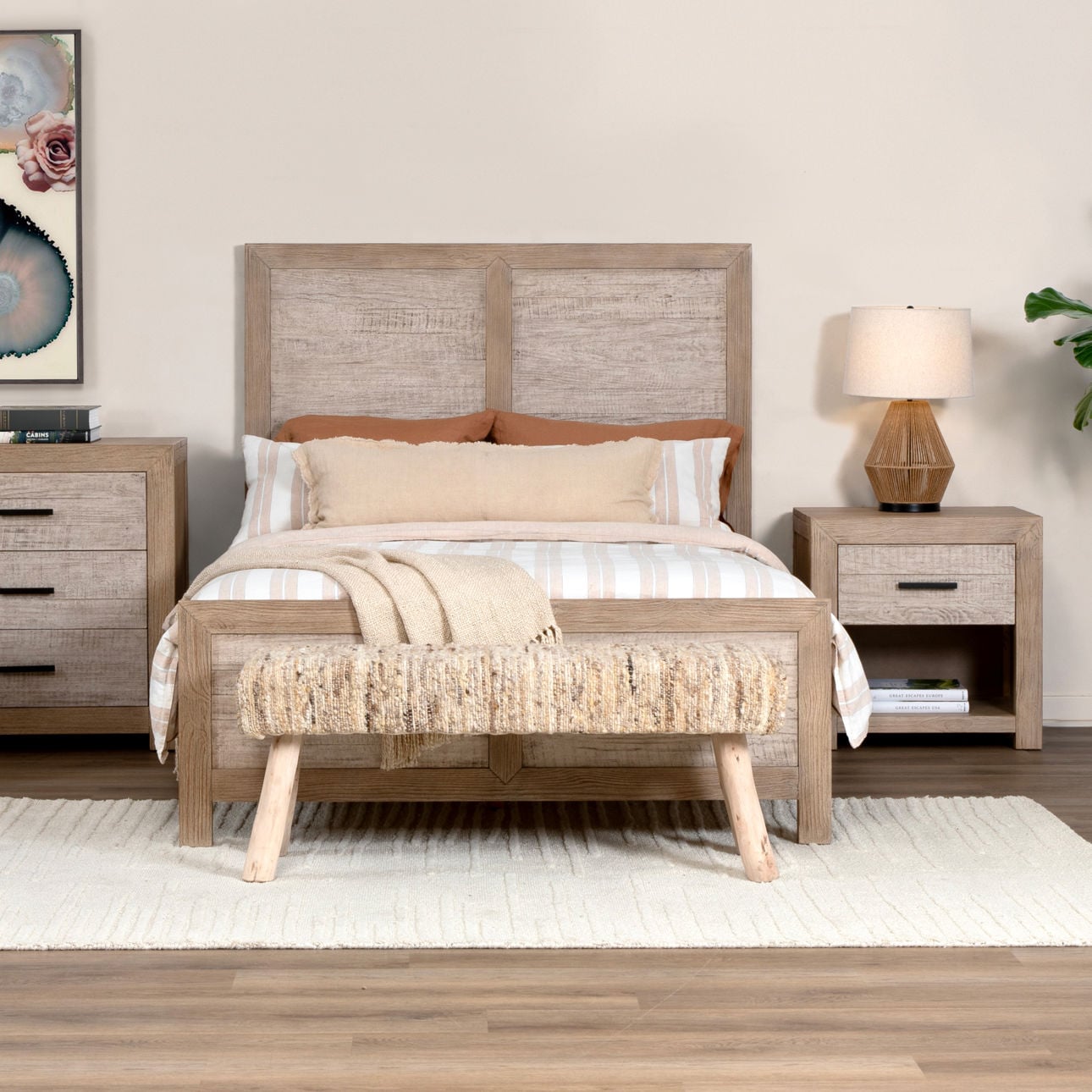 Natural Handwoven Wool and Eucalyptus Wood Bench 48 in Wide