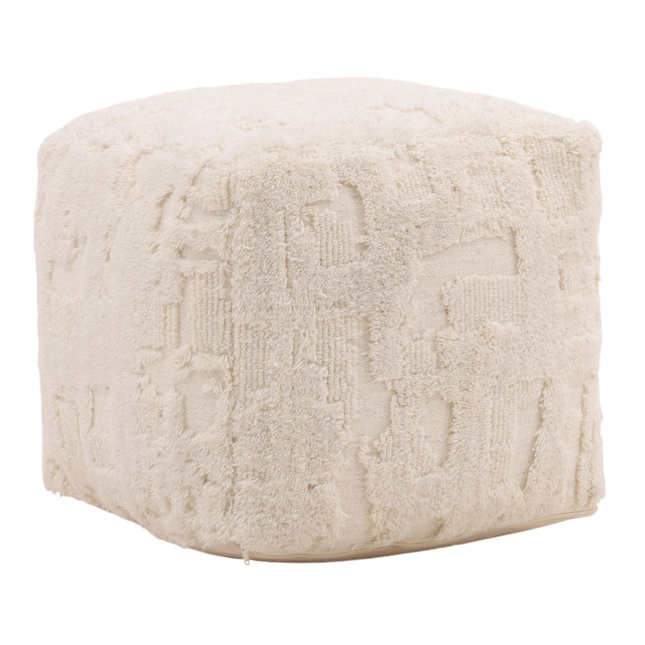 Ivory Handwoven Wool Pouf 16 in Wide