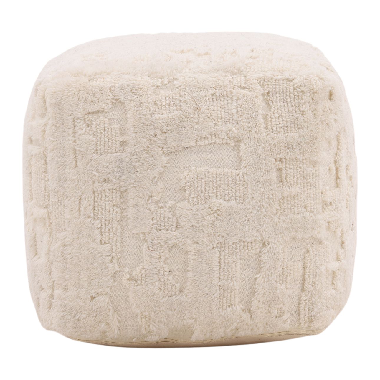Ivory Handwoven Wool Pouf 16 in Wide