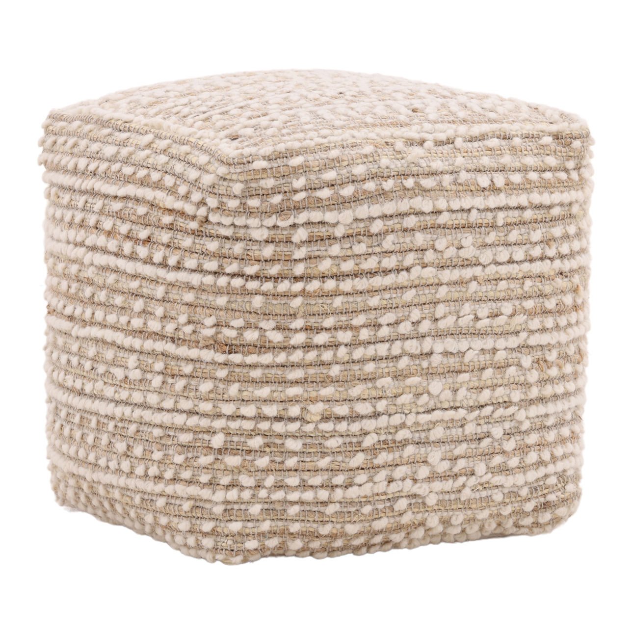 Ivory Handwoven Wool and Jute Pouf 16 in Wide