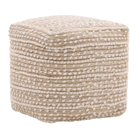 Ivory Handwoven Wool and Jute Pouf 16 in Wide