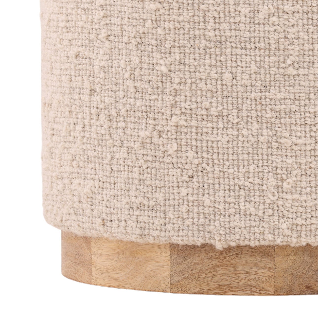 Ivory and Natural Handwoven Wool Blend and Wood Stool 16.5 in Wide