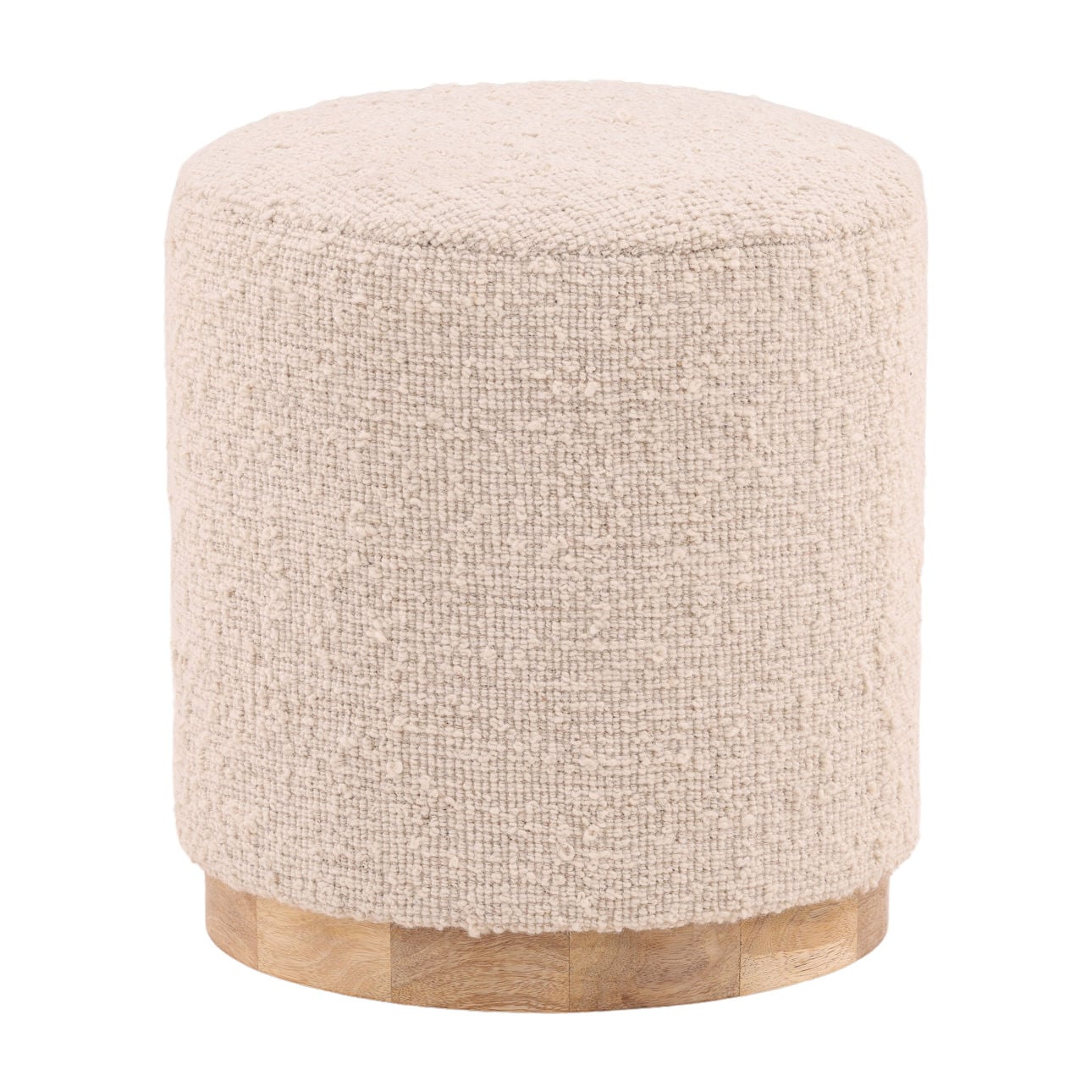 Ivory and Natural Handwoven Wool Blend and Wood Stool 16.5 in Wide