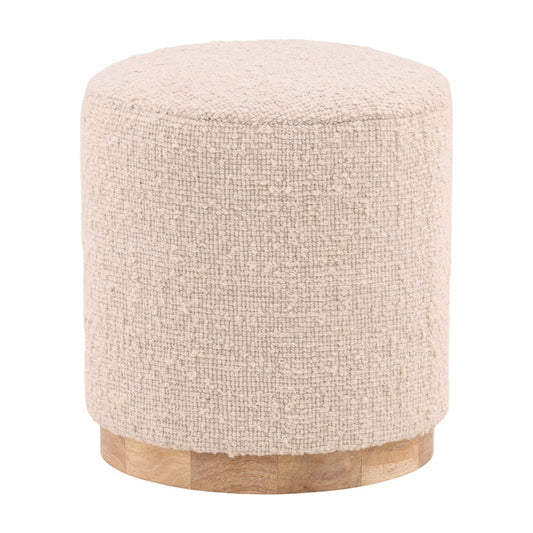 Ivory and Natural Handwoven Wool Blend and Wood Stool 16.5 in Wide