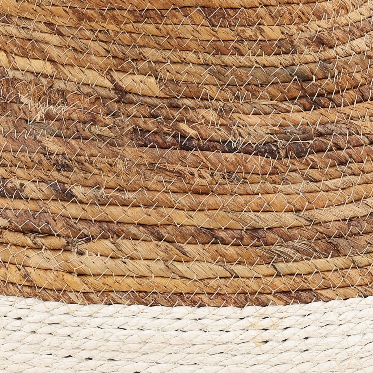 Natural and Off White Woven Banana Leaf, Raffia and Coconut Fibers Basket 11.5 in Wide
