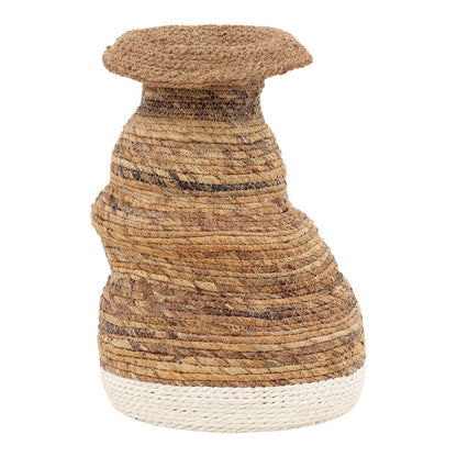 Natural and Off White Woven Banana Leaf, Raffia and Coconut Fibers Basket 11.5 in Wide