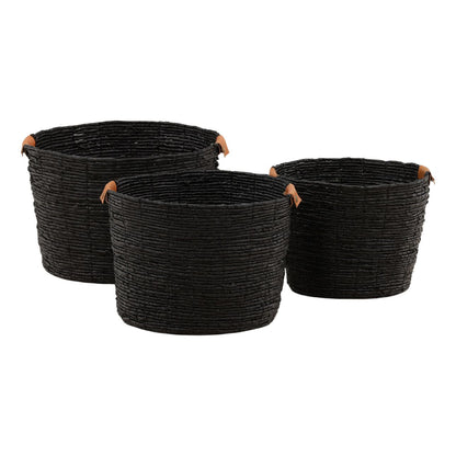 Black Woven Banana Leaf and Leather of 18.5 in Wide