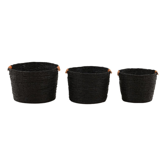 Black Woven Banana Leaf and Leather of 18.5 in Wide
