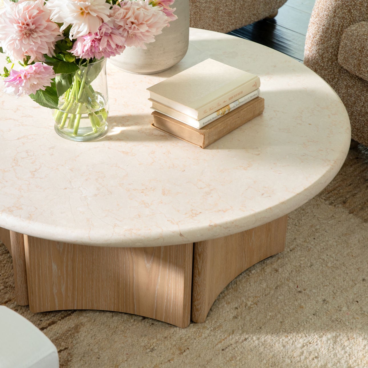 Natural Wash and Cream Marble Oak Wood, Oak Veneer and Marble Table 43.5 in Wide