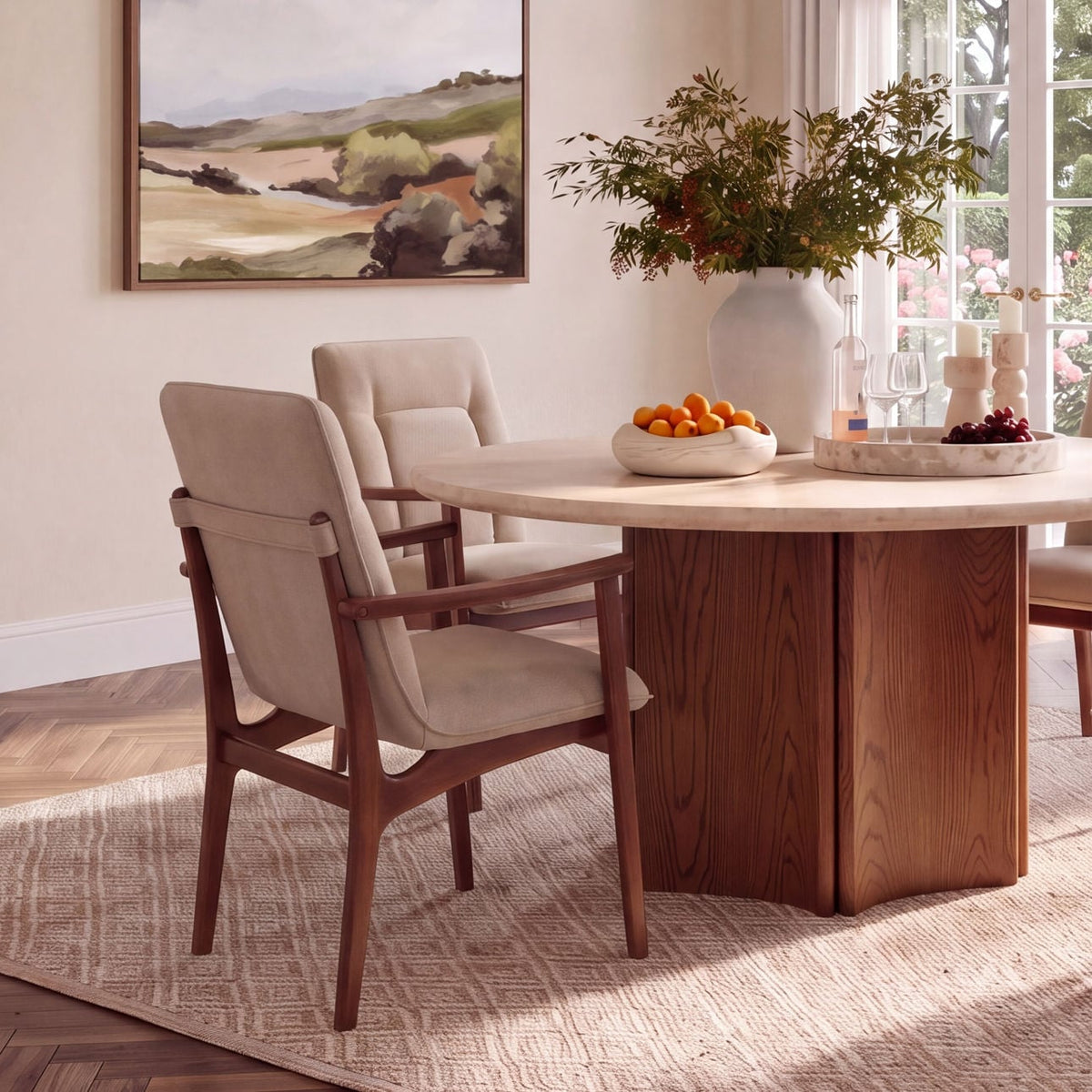 Refined Oak Wood, Oak Veneer and Marble Dining Table