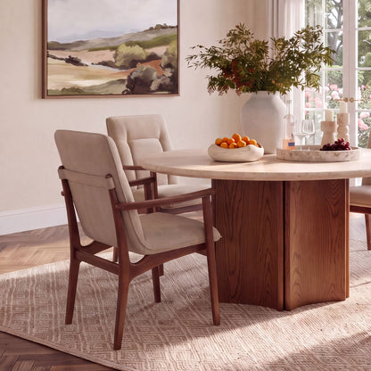 Refined Oak Wood, Oak Veneer and Marble Dining Table