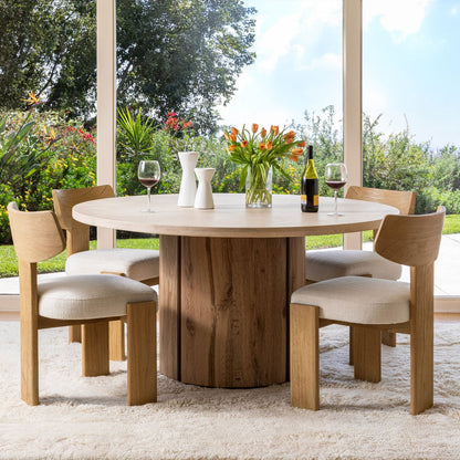 Natural Wash and Cream Oak Wood, Oak Veneer and Marble Table 59 in Wide