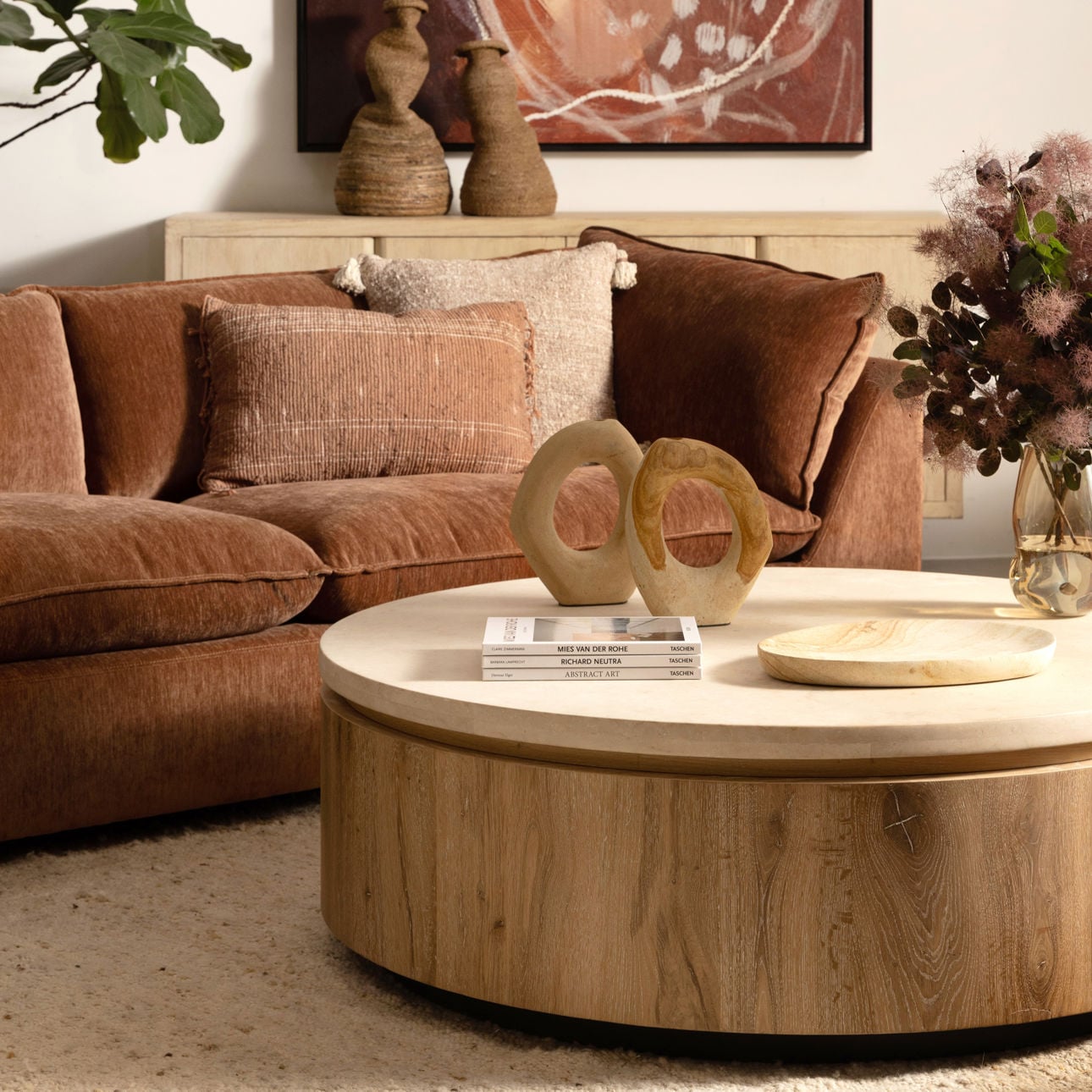 Natural Wash and Cream Oak Wood, Oak Veneer and Marble Table 48 in Wide