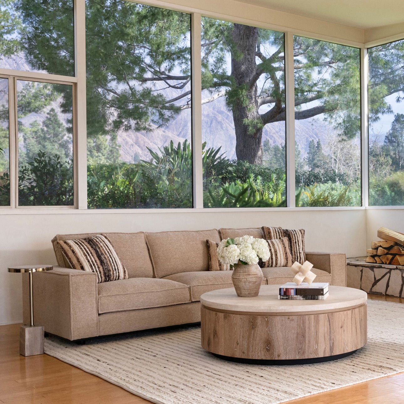 Natural Wash and Cream Oak Wood, Oak Veneer and Marble Table 48 in Wide