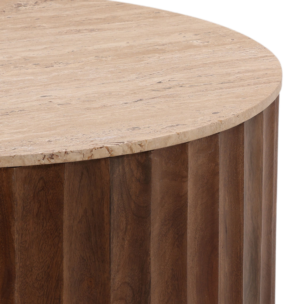 Natural and Medium Brown Travertine and Solid Hardwood Table 35 in Wide