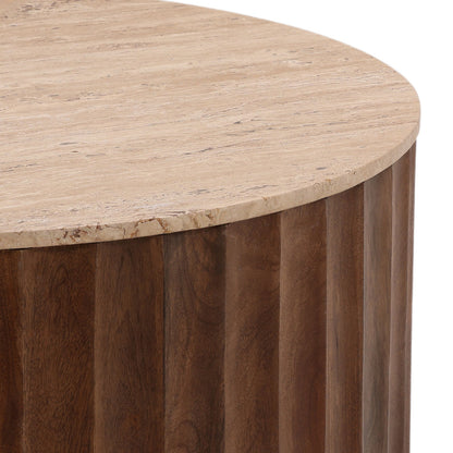 Natural and Medium Brown Travertine and Solid Hardwood Table 35 in Wide