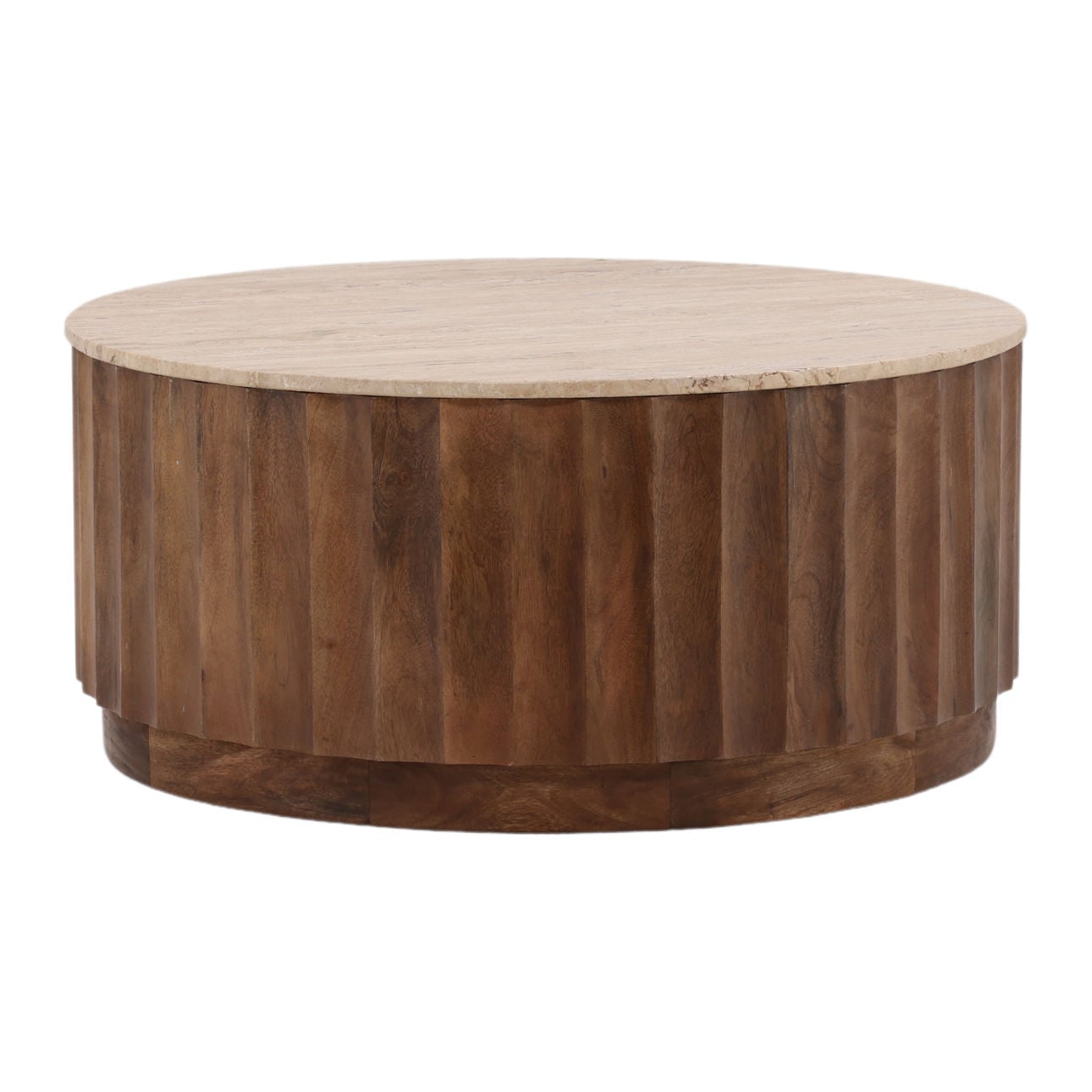 Natural and Medium Brown Travertine and Solid Hardwood Table 35 in Wide