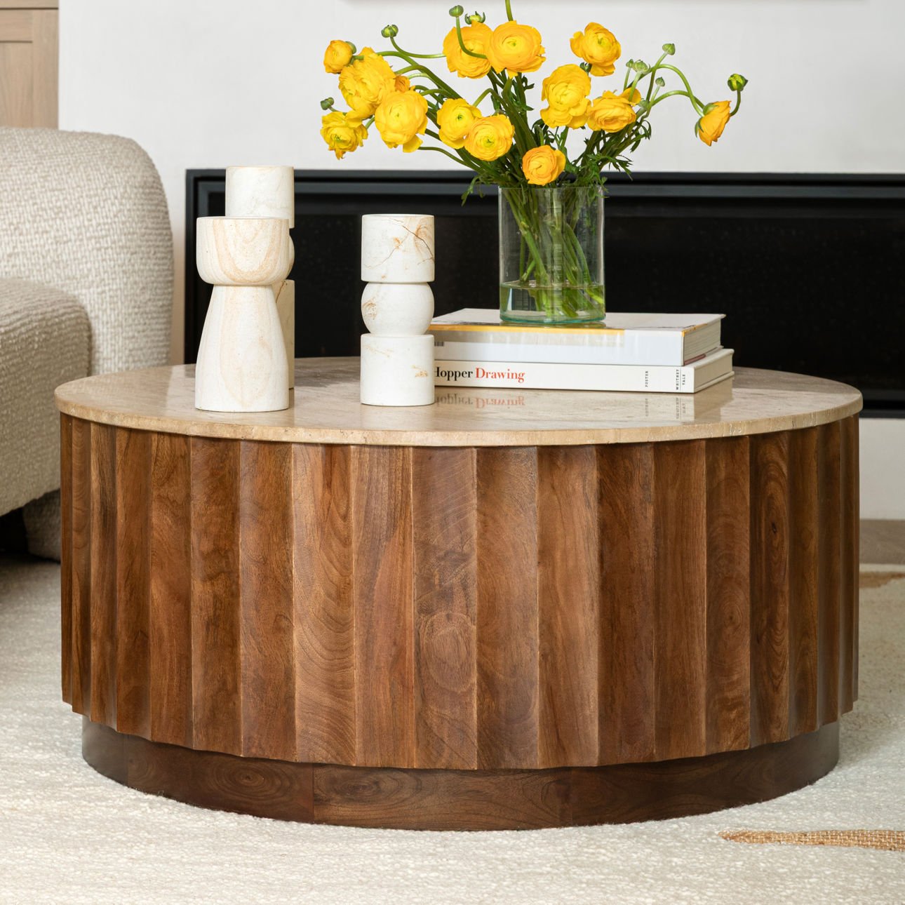 Natural and Medium Brown Travertine and Solid Hardwood Table 35 in Wide