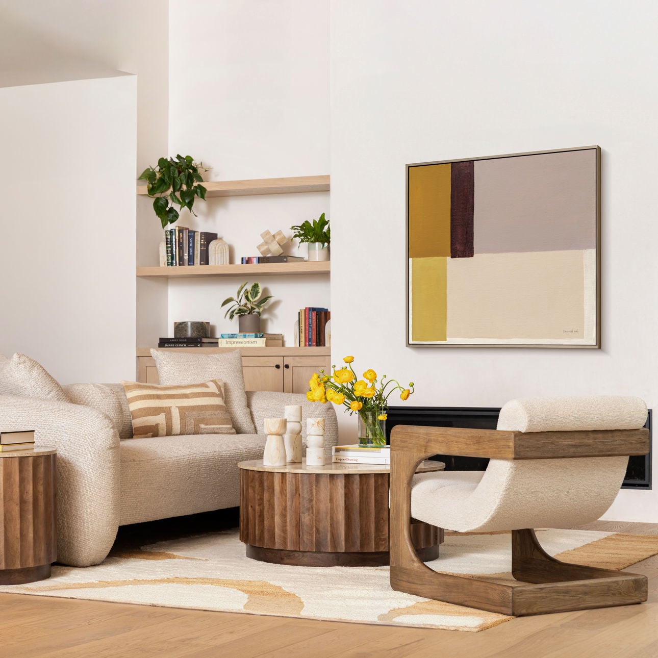 Natural and Medium Brown Travertine and Solid Hardwood Table 35 in Wide