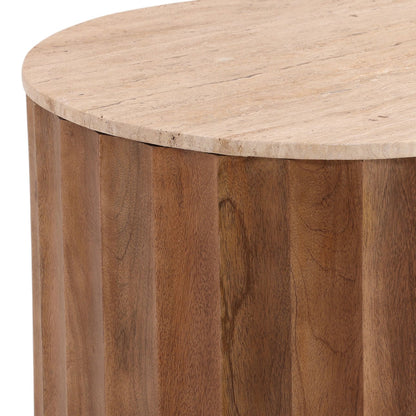 Natural and Medium Brown Travertine and Solid Hardwood Table 22.5 in Wide