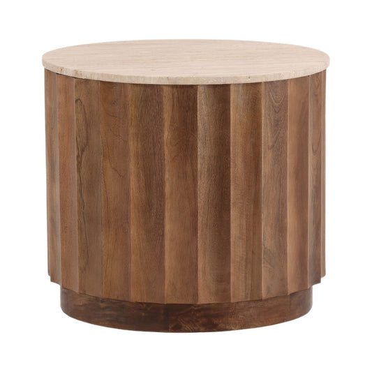 Natural and Medium Brown Travertine and Solid Hardwood Table 22.5 in Wide