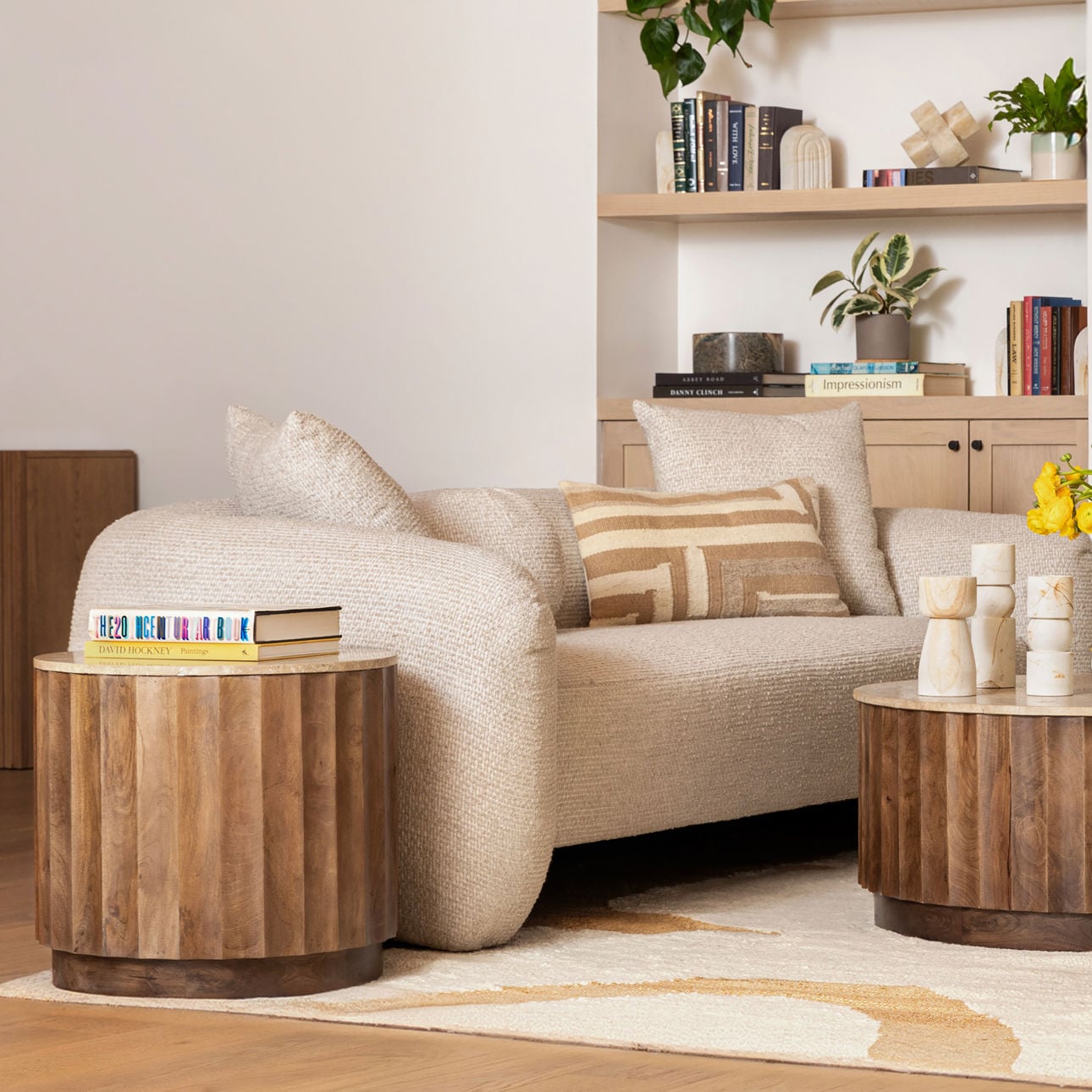 Natural and Medium Brown Travertine and Solid Hardwood Table 22.5 in Wide