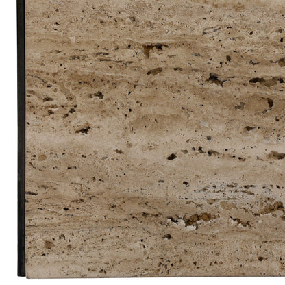 Natural and Antique Brass Travertine and Iron Table 48 in Wide