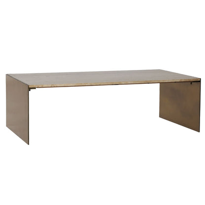 Natural and Antique Brass Travertine and Iron Table 48 in Wide