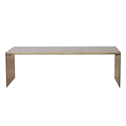 Natural and Antique Brass Travertine and Iron Table 48 in Wide